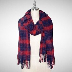 Banana Republic Navy Blue & Red Plaid Fringe Scarf